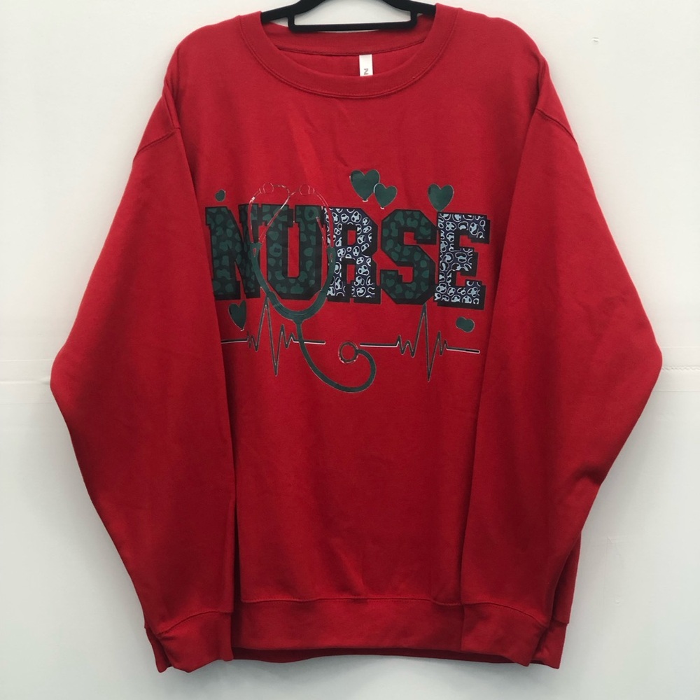Comfortable red crewneck sweater with a bold "NURSE  Stethoscope " graphic.2XL